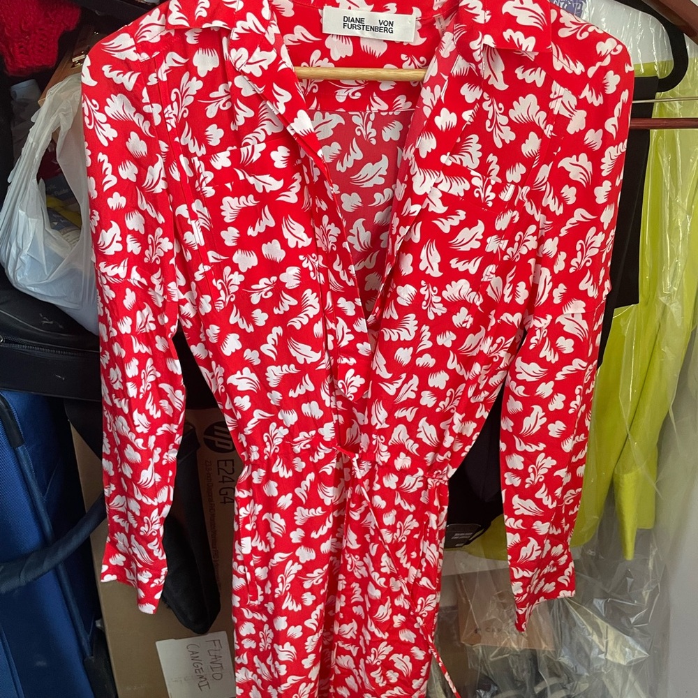 Diane Von Furstenberg Red and White Leaf Print Dress